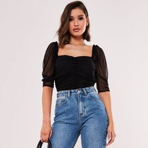 Black ruched mesh bodysuit